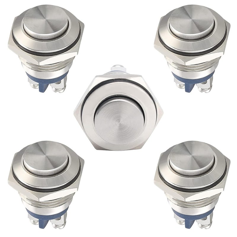 STARELO 5pcs 16mm Momentary Push Button Switch Sliver Shell, IP65 Waterproof Push Button Switch,Copper Shell 1 Normally Open without LED. - Image 1
